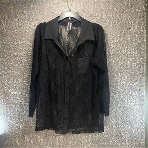 Judith Women Black  Long Sleeve Button Up Shirt Lace Sheer 2X Classic Preppy